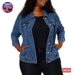 Plus Size Denim Jacket Button Front Western Stretch Casual Oversized Fit